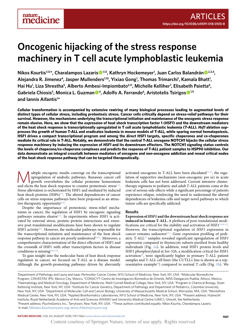 Oncogenic Hijacking Of The Stress Response Machinery In T Cell Acute Lymphoblastic Leukemia Request Pdf