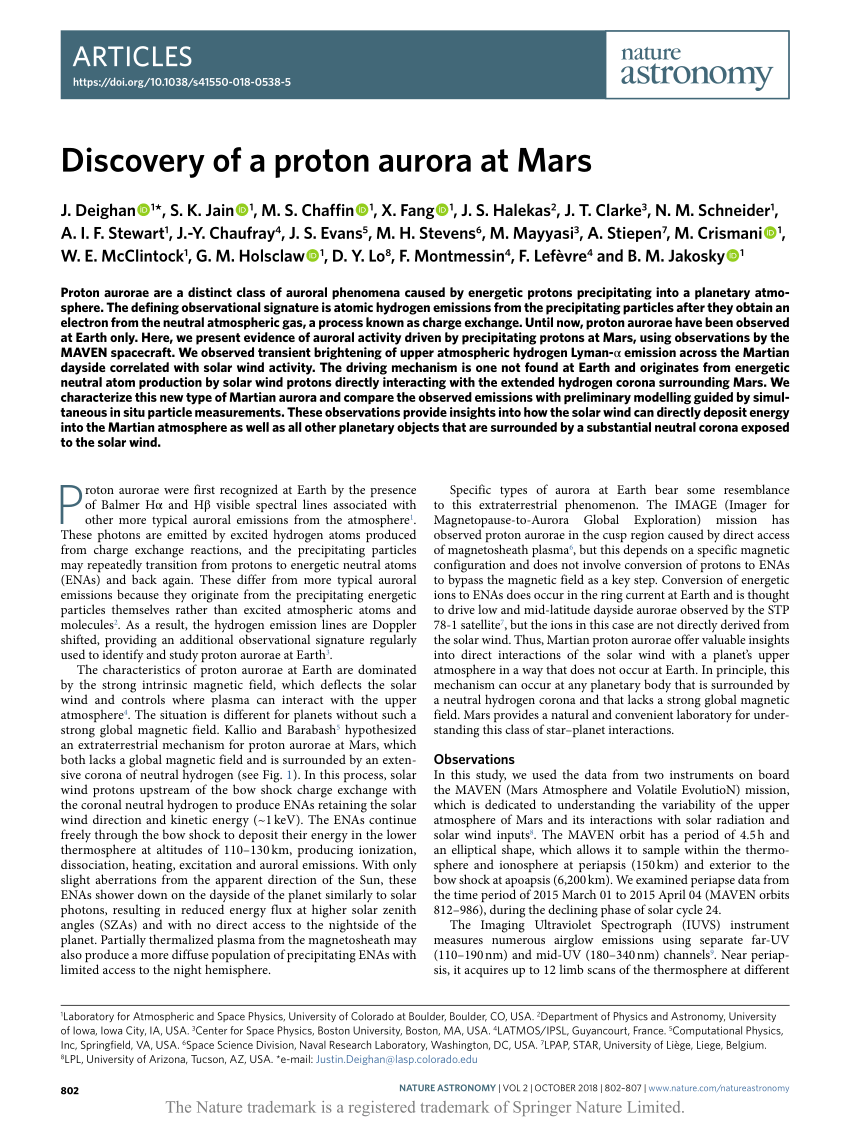 Discovery Of A Proton Aurora At Mars Request Pdf