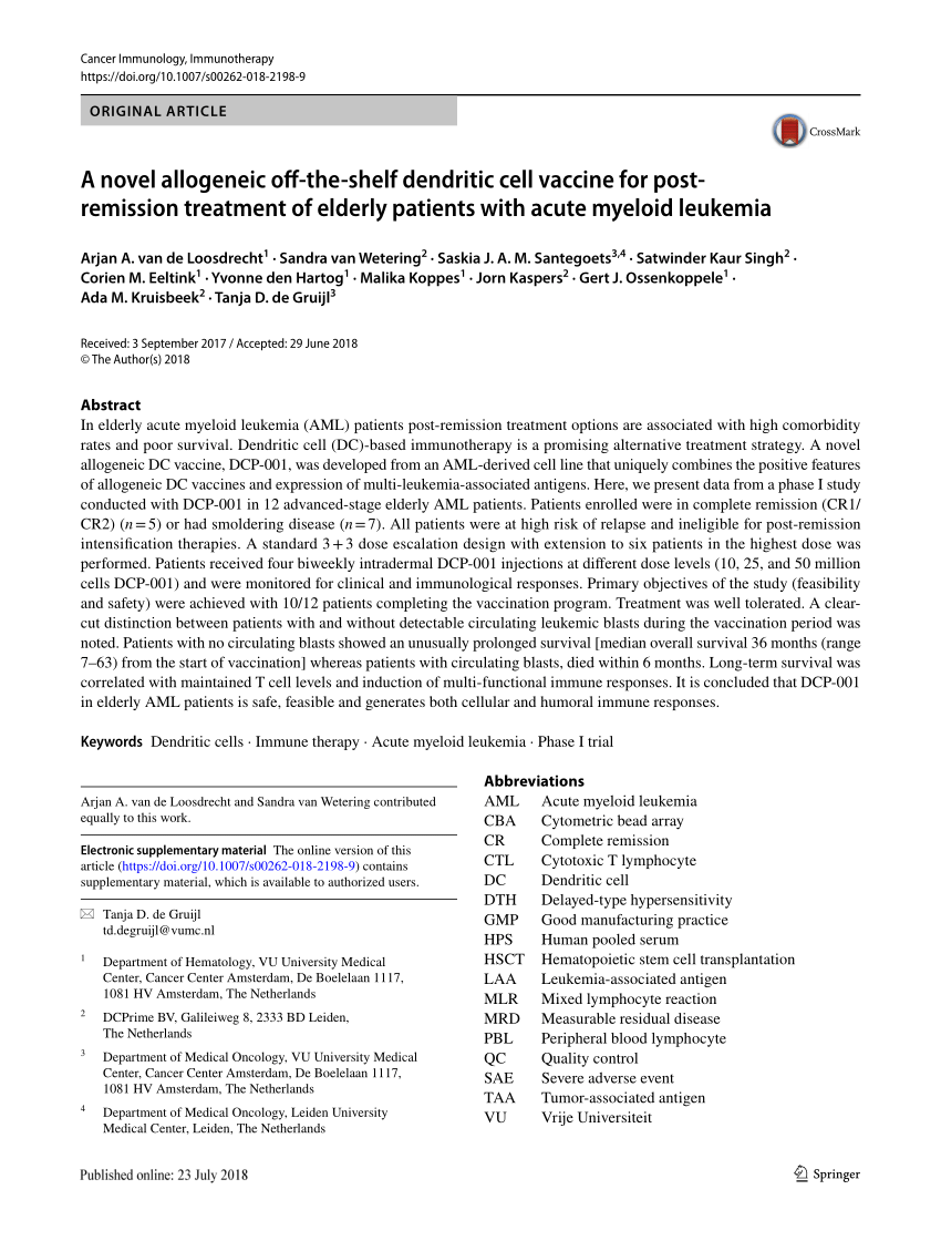 Pdf A Novel Allogeneic Off The Shelf Dendritic Cell Vaccine For Post Remission Treatment Of Elderly Patients With Acute Myeloid Leukemia