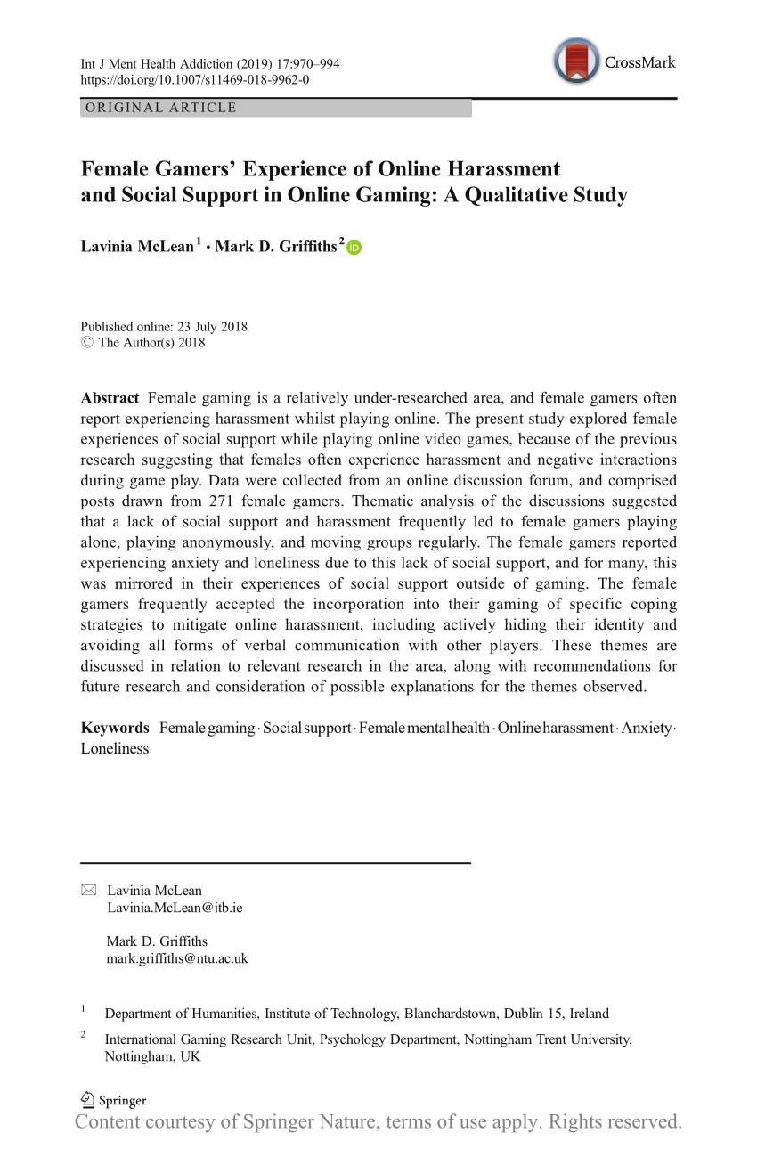 Pdf Female Gamers Experience Of Online Harassment And Social Support In Online Gaming A Qualitative Study - como ganhar robux gratis pelo pc lucas will gamer