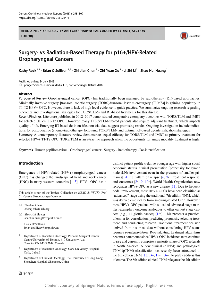 Surgery Vs Radiation Based Therapy For P16 Hpv Related Oropharyngeal Cancers Request Pdf