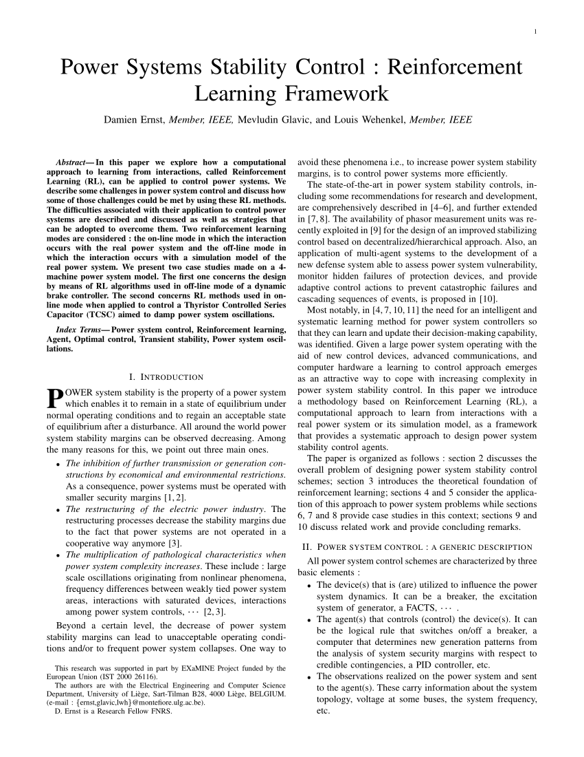 PDF) Power Systems Stability Control: Reinforcement Learning Framework