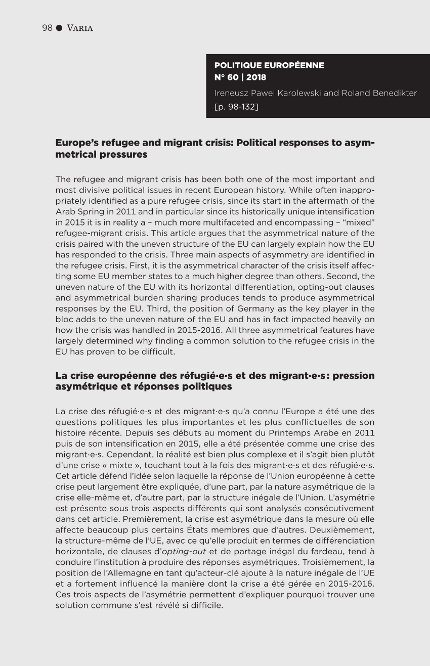 Pdf Europe S Refugee And Migrant Crisis Political Responses To Asymmetrical Pressures