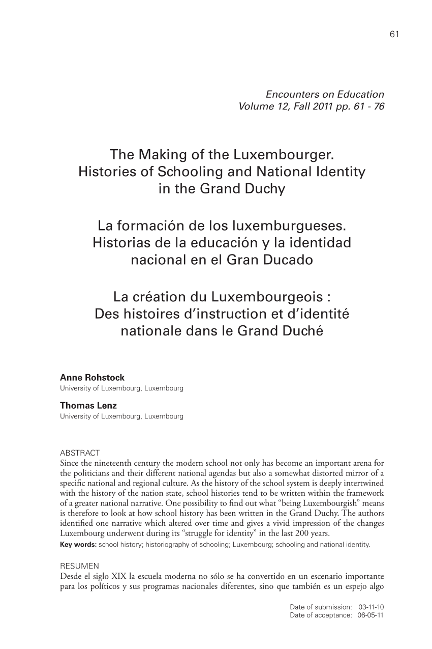 Pdf The Making Of The Luxembourger Histories Of Schooling And National Identity In The Grand Duchy