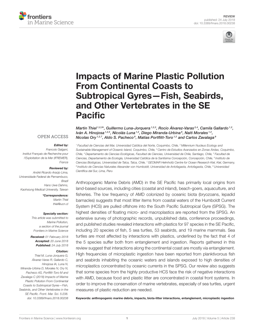 Pdf Impacts Of Marine Plastic Pollution From Continental Coasts To Subtropical Gyres Fish Seabirds And Other Vertebrates In The Se Pacific