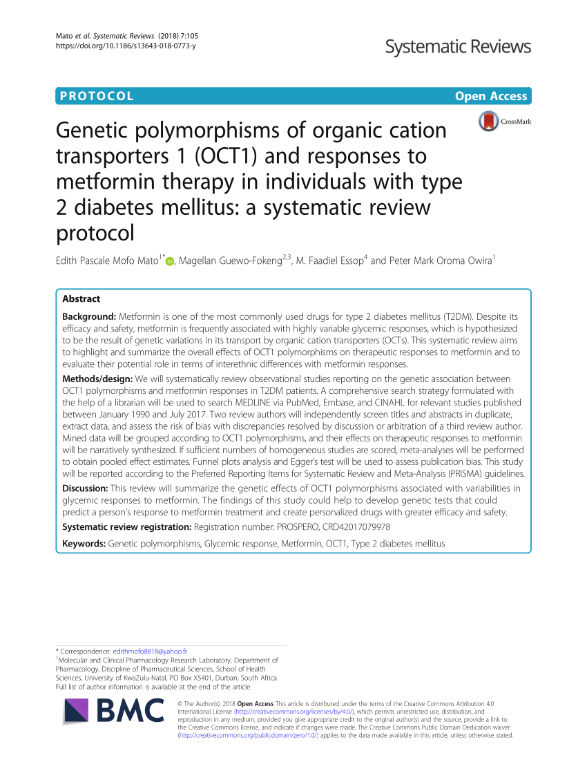 Pdf Genetic Polymorphisms Of Organic Cation Transporters 1 Oct1 And Responses To Metformin Therapy In Individuals With Type 2 Diabetes Mellitus A Systematic Review Protocol