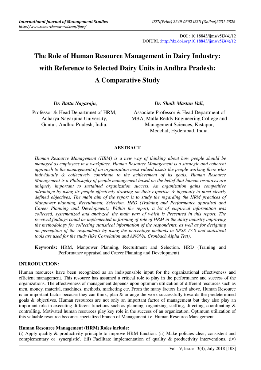 Pdf) The Role Of Human Resource Management In Dairy Industry: With  Reference To Selected Dairy Units In Andhra Pradesh: A Comparative Study