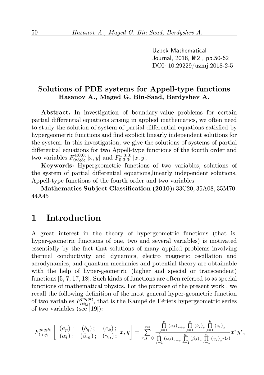 Pdf Solutions Of Pde Systems For Appell Type Functions