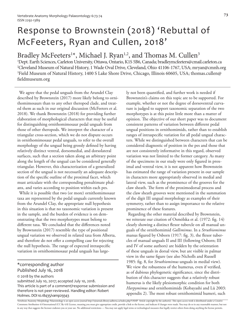 (PDF) Response to Brownstein (2018) ‘Rebuttal of McFeeters, Ryan and