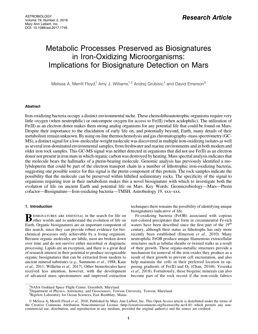 Pdf Metabolic Processes Preserved As Biosignatures In Iron Oxidizing Microorganisms Implications For Biosignature Detection On Mars