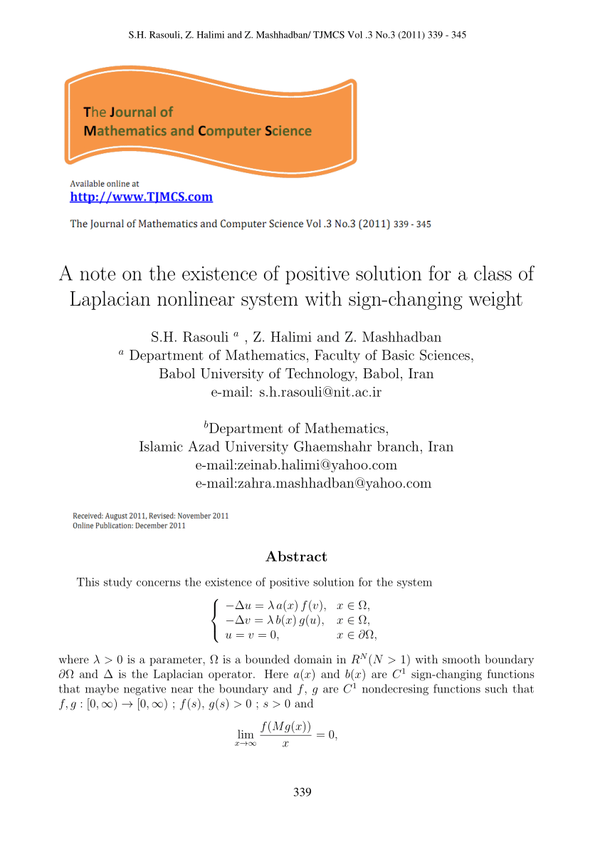 Pdf A Note On The Existence Of Positive Solution For A Class Of Laplacian Nonlinear System With Sign Changing Weight