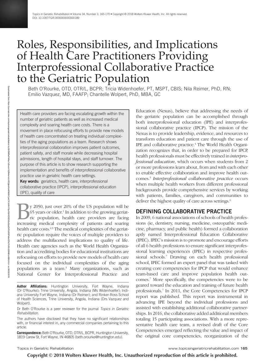 Pdf) Roles, Responsibilities, And Implications Of Health Care Practitioners  Providing Interprofessional Collaborative Practice To The Geriatric  Population