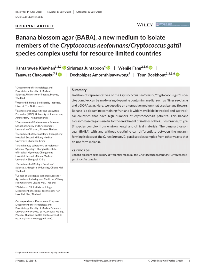 Pdf Banana Blossom Agar Baba A New Medium To Isolate Members Of The Cryptococcus Neoformans Cryptococcus Gattii Species Complex Useful For Resource Limited Countries