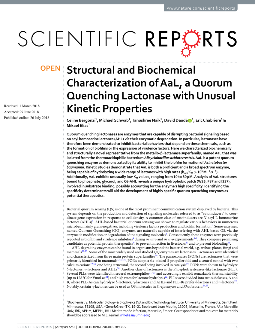 PDF) Structural and Biochemical Characterization of AaL, a Quorum Quenching  Lactonase with Unusual Kinetic Properties