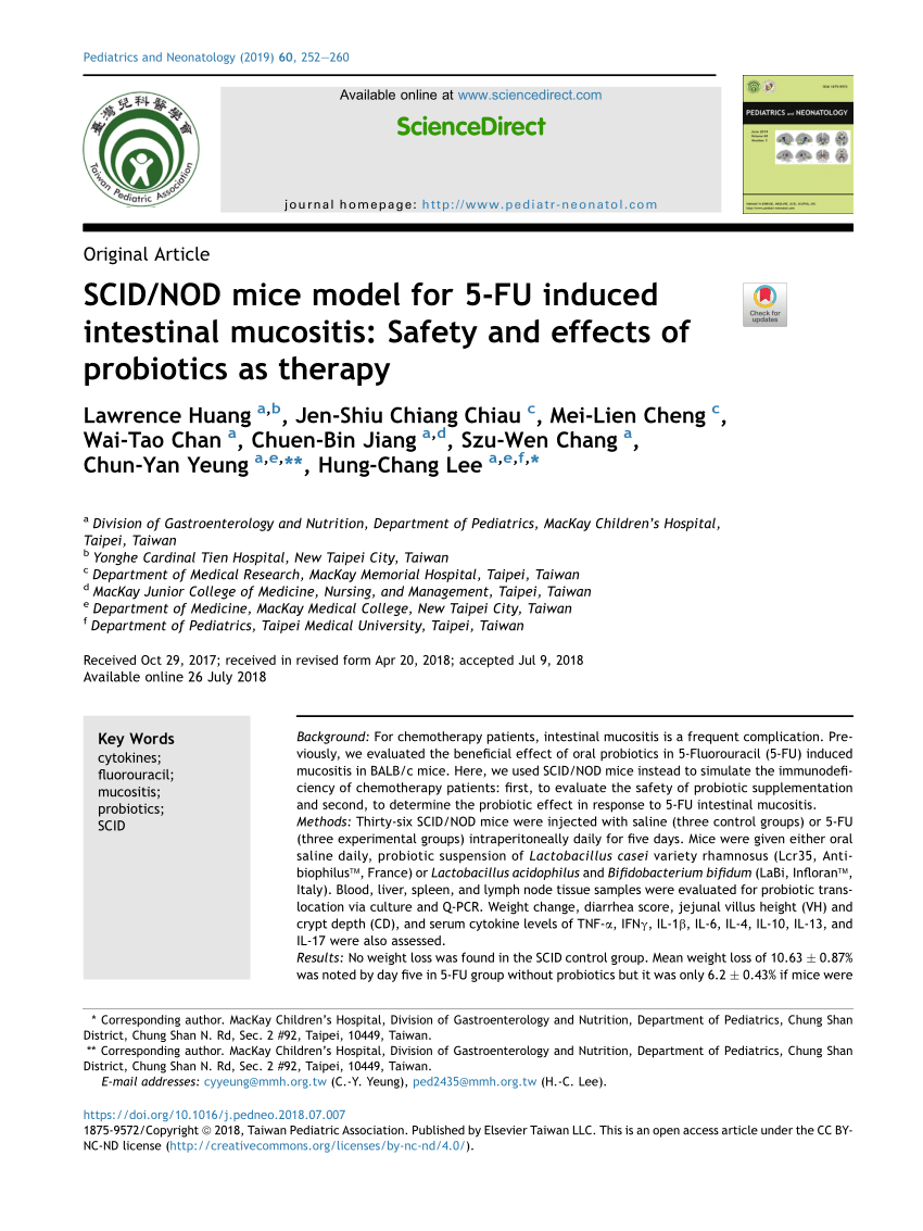 Pdf Scid Nod Mice Model For 5 Fu Induced Intestinal Mucositis Safety And Effects Of Probiotics As Therapy