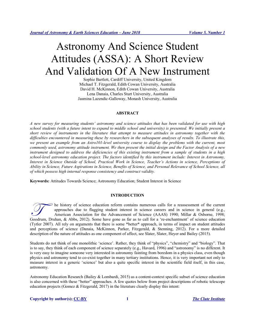 Pdf Astronomy And Science Student Attitudes Assa A Short Review And Validation Of A New Instrument