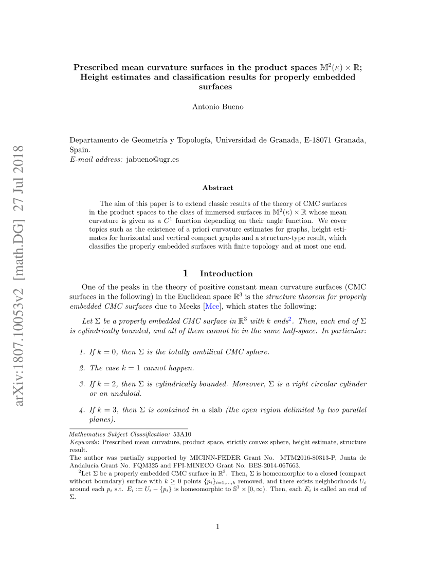 Pdf Prescribed Mean Curvature Surfaces In The Product Spaces Mathbb M 2 Kappa Times Mathbb R Height Estimates And Classification Results For Properly Embedded Surfaces