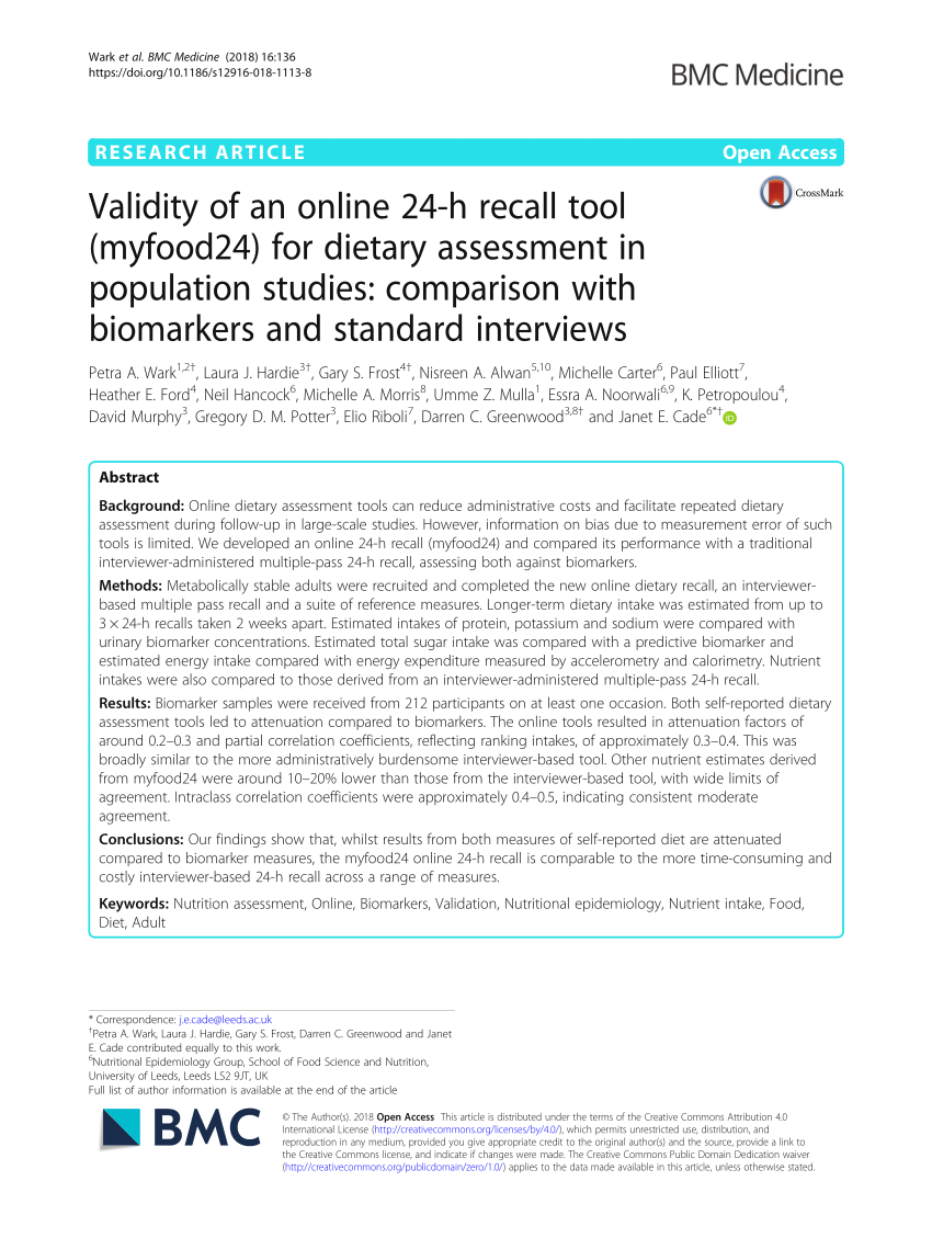 Pdf Validity Of An Online 24 Hour Recall Tool Myfood24 1 For Dietary Assessment In 2 Population Studies Comparison With Biomarkers And Standard Interviews Comparison With Biomarkers And Standard Interviews