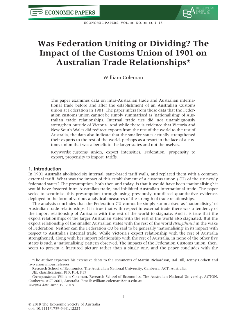 (PDF) Was Federation Uniting or Dividing? The Impact of the Customs ...