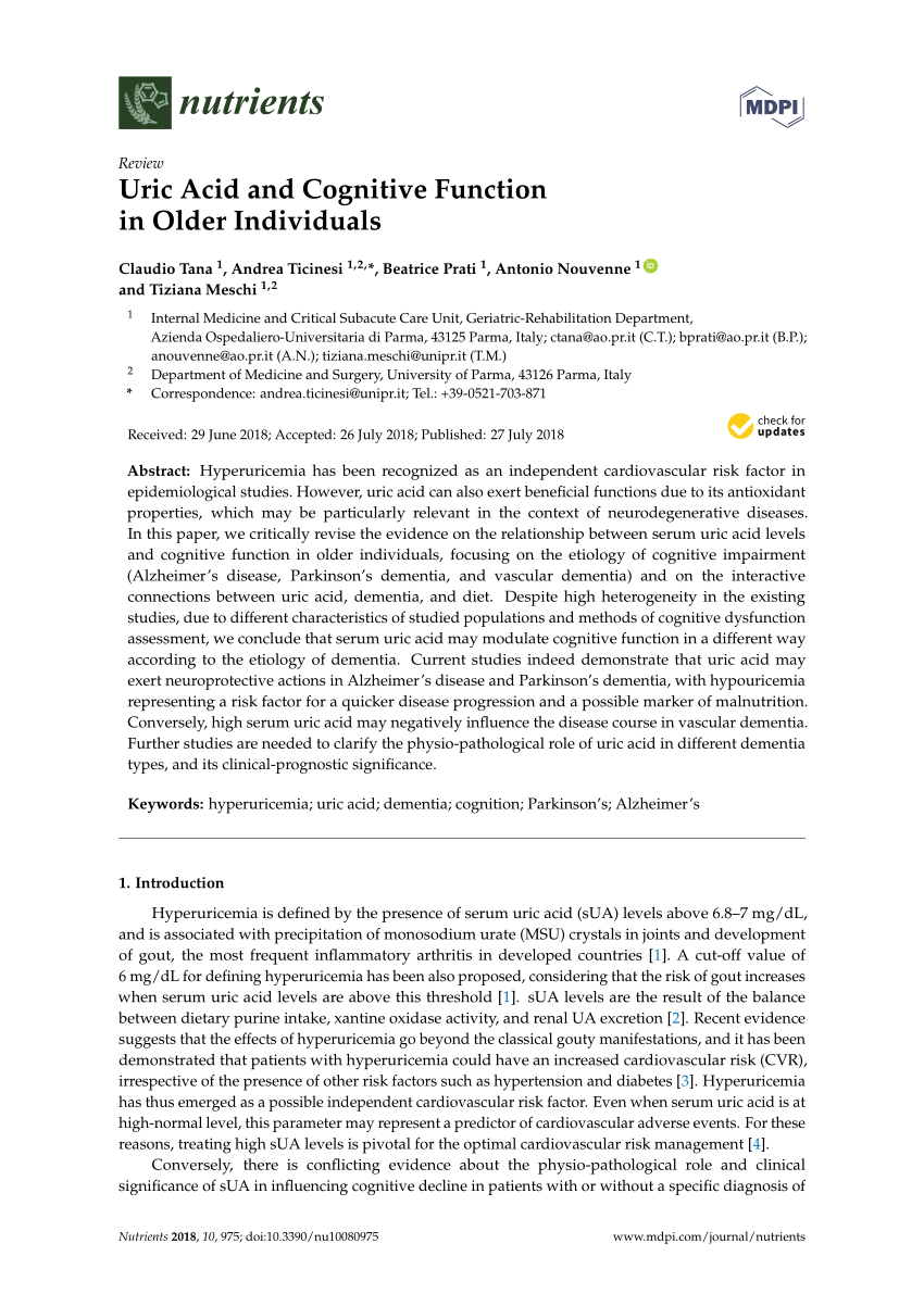 PDF Uric Acid and Cognitive Function in Older Individuals