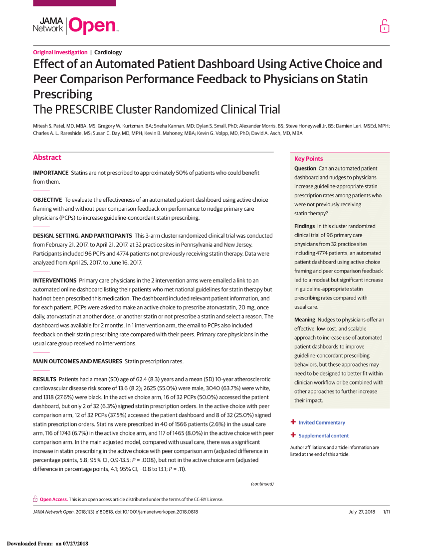 PDF) Effect of an Automated Patient Dashboard Using Active Choice and Peer  Comparison Performance Feedback to Physicians on Statin Prescribing: The  PRESCRIBE Cluster Randomized Clinical Trial