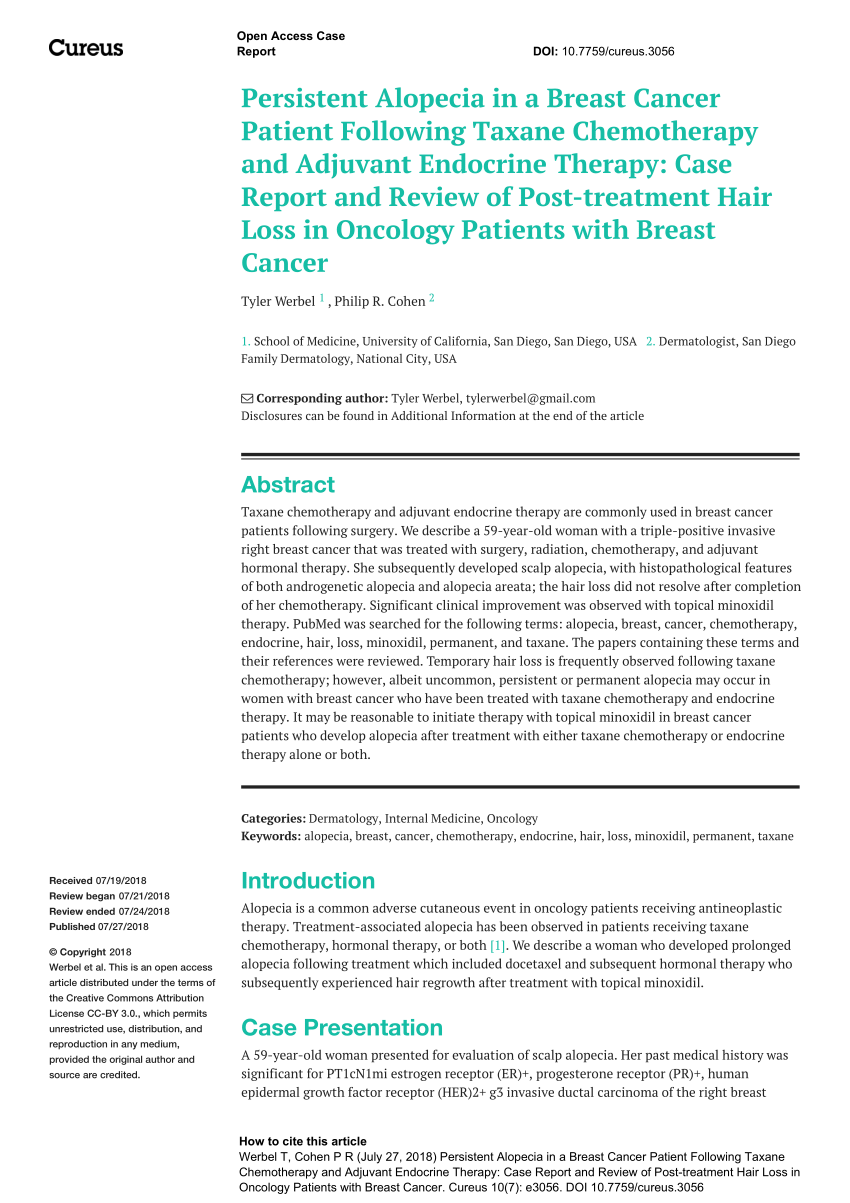 PDF) Persistent Alopecia in a Breast Cancer Patient Following Taxane  Chemotherapy and Adjuvant Endocrine Therapy: Case Report and Review of  Post-treatment Hair Loss in Oncology Patients with Breast Cancer