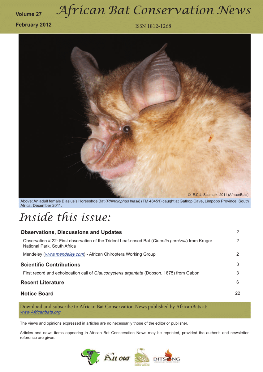 antártico Excelente Limpiar el piso PDF) Jubber, W R. 2012. Observation # 22 - First observation of the Trident  Leaf-nosed Bat (Cloeotis percivali) from Kruger National Park, South Africa.  African Bat Conservation News. Vol. 27: 2.  http://www.africanbats.org/Documents/ABCN/ABCN_27.pdf