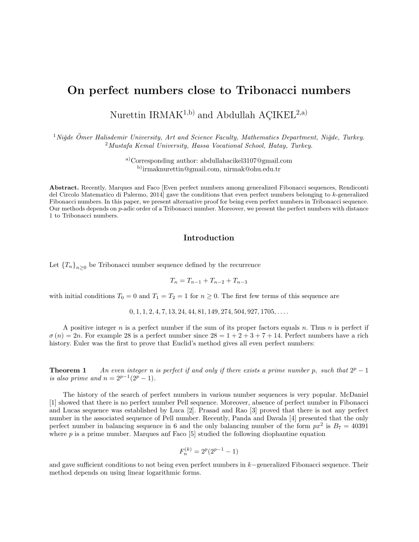 Pdf On Perfect Numbers Close To Tribonacci Numbers