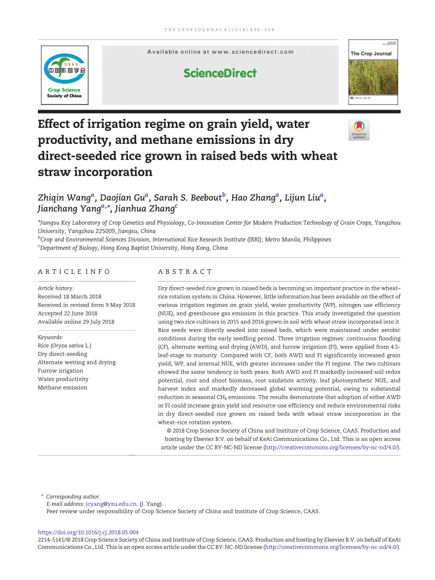 Pdf Effect Of Irrigation Regime On Grain Yield Water Productivity And Methane Emissions In