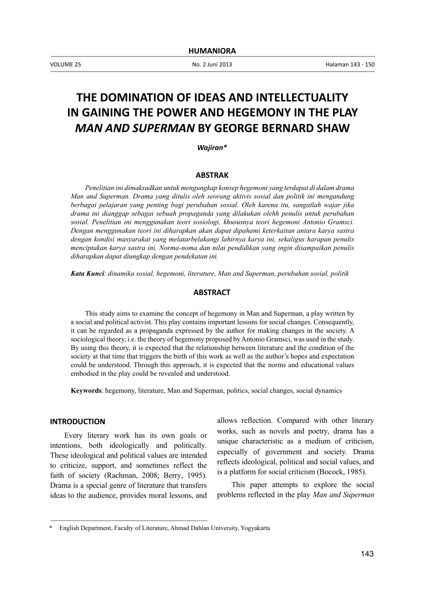 Pdf The Domination Of Ideas And Intellectuality In Gaining Power And Hegemony In The Play Man And Superman By George Bernard Shaw