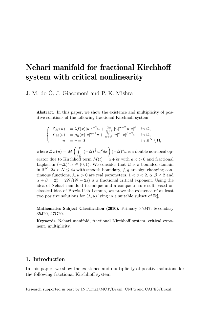 Pdf Nehari Manifold For Fractional Kirchhoff System With Critical Nonlinearity