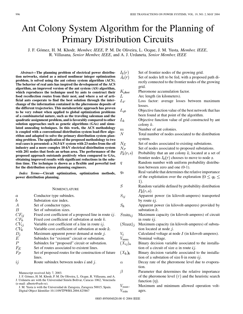 Pdf Ant Colony System Algorithm For The Planning Of Primary Distribution Circuits
