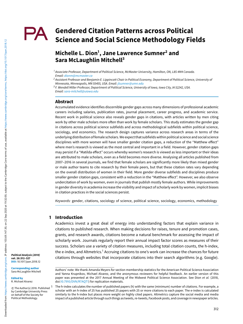 Pdf Gendered Citation Patterns Across Political Science And Social Science Methodology Fields