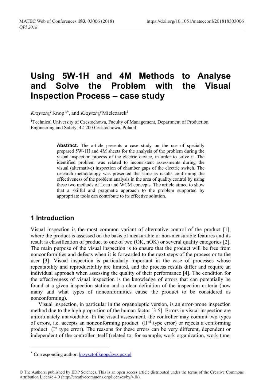 Pdf Using 5w 1h And 4m Methods To Analyse And Solve The Problem With The Visual Inspection Process Case Study