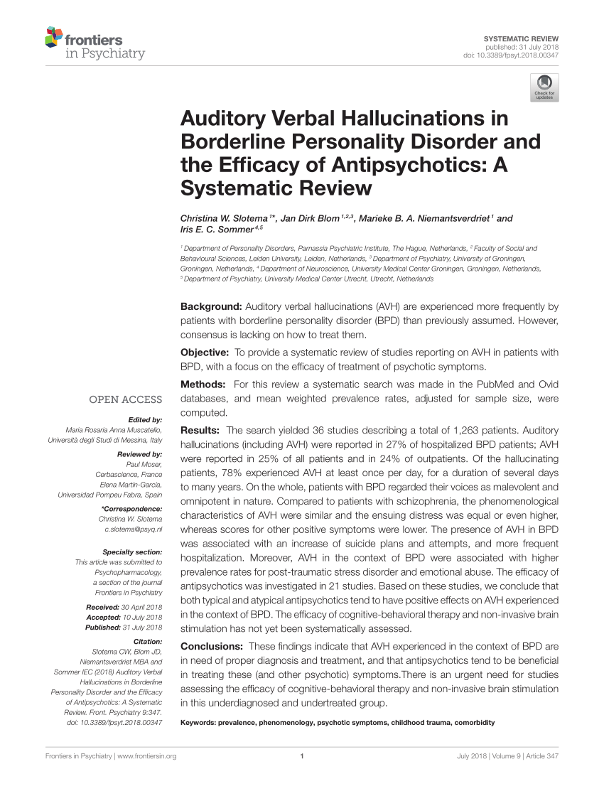 Pdf Auditory Verbal Hallucinations In Borderline Personality Disorder And The Efficacy Of Antipsychotics A Systematic Review