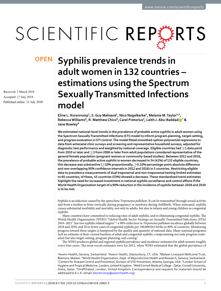 Pdf Syphilis Prevalence Trends In Adult Women In 132 Countries Estimations Using The