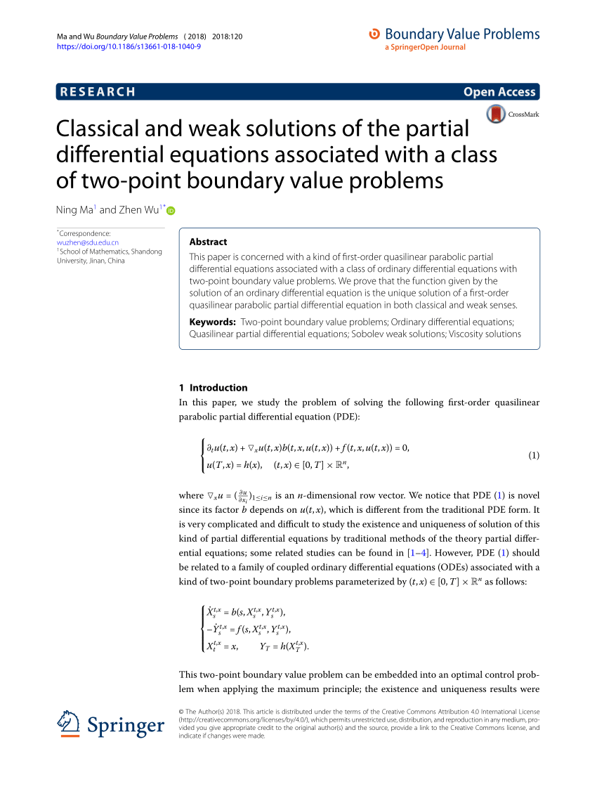 Pdf Classical And Weak Solutions Of The Partial Differential Equations Associated With A Class Of Two Point Boundary Value Problems