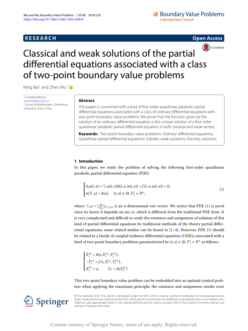 Pdf Classical And Weak Solutions Of The Partial Differential Equations Associated With A Class Of Two Point Boundary Value Problems