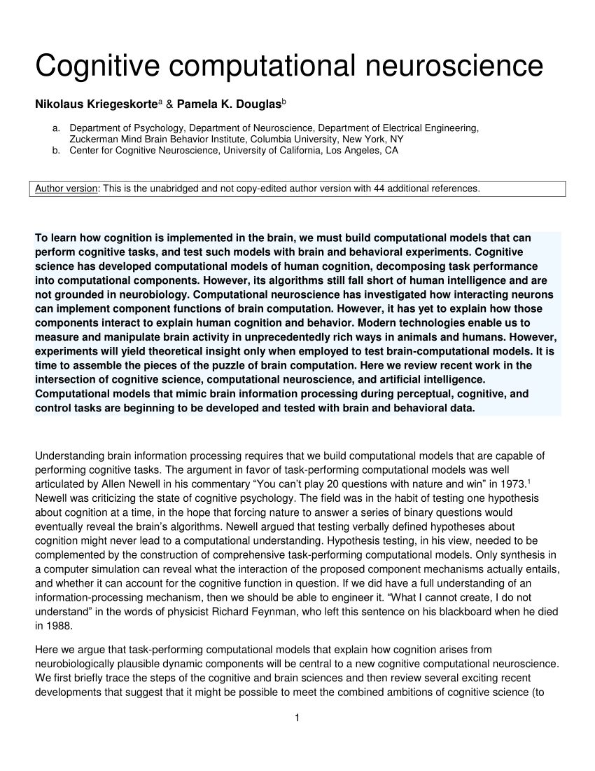 (PDF) Cognitive computational neuroscience