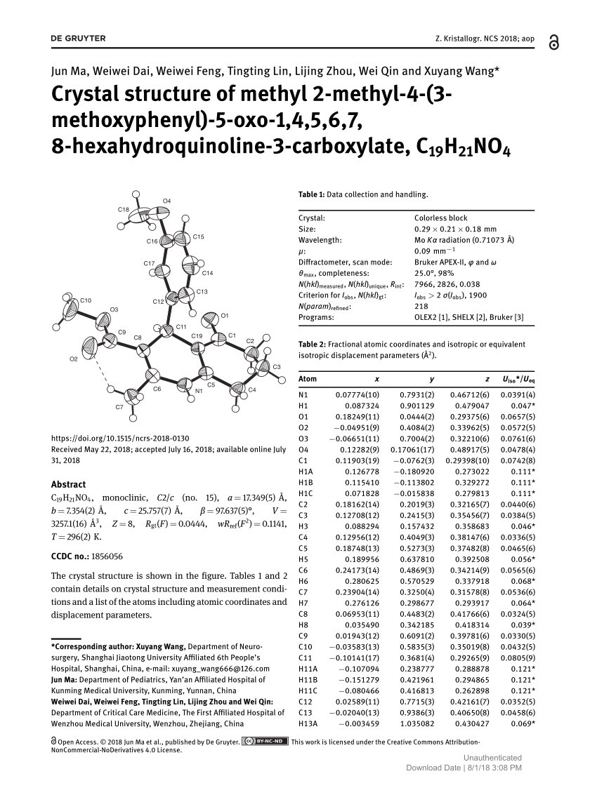 Pdf Crystal Structure Of Methyl 2 Methyl 4 3 Methoxyphenyl 5 Oxo 1 4 5 6 7 8 Hexahydroquinoline 3 Carboxylate C19h21no4