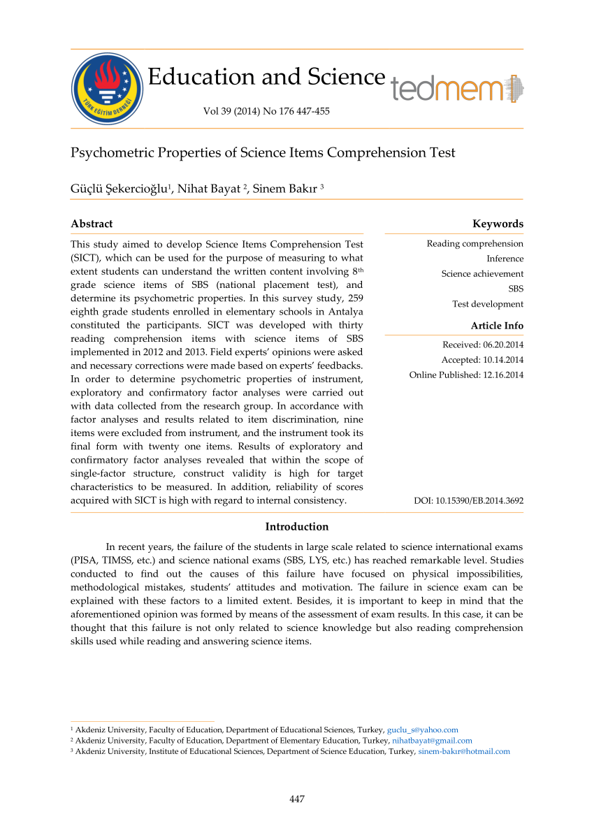 (PDF) Psychometric Properties of Science Items Comprehension Test