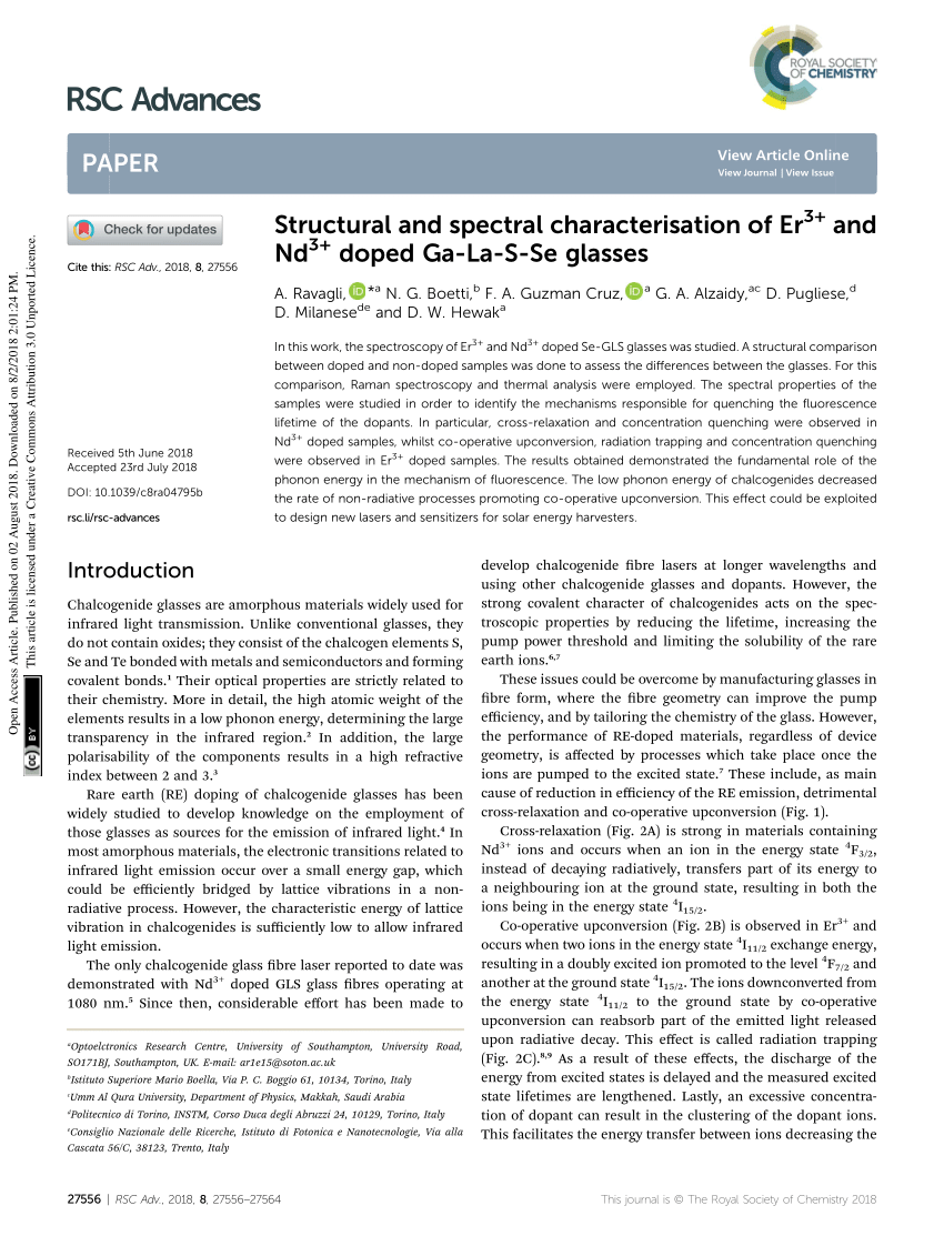 Pdf Structural And Spectral Characterisation Of Er 3 And Nd 3 Doped Ga La S Se Glasses