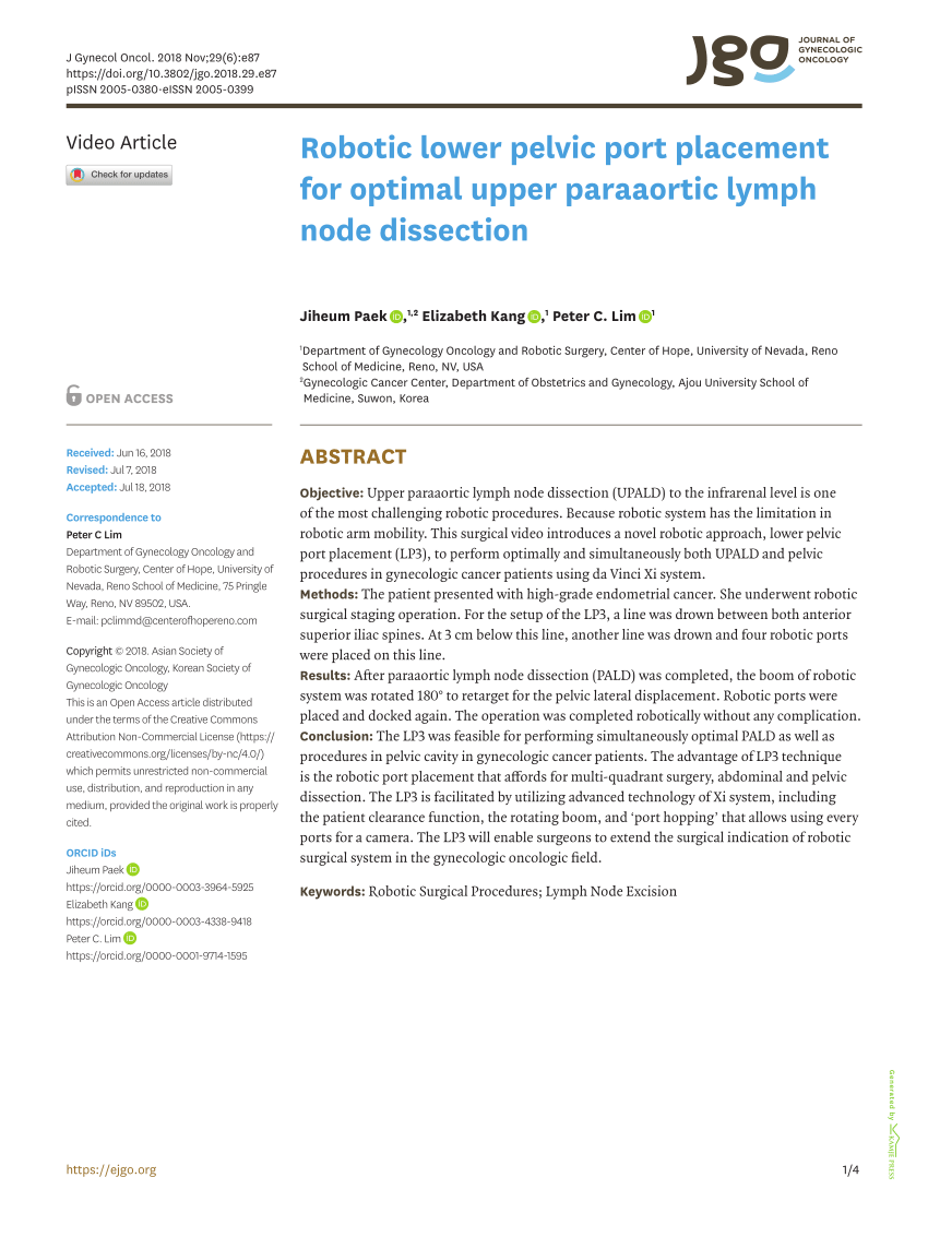 Pdf Robotic Lower Pelvic Port Placement For Optimal Upper Paraaortic Lymph Node Dissection 9843