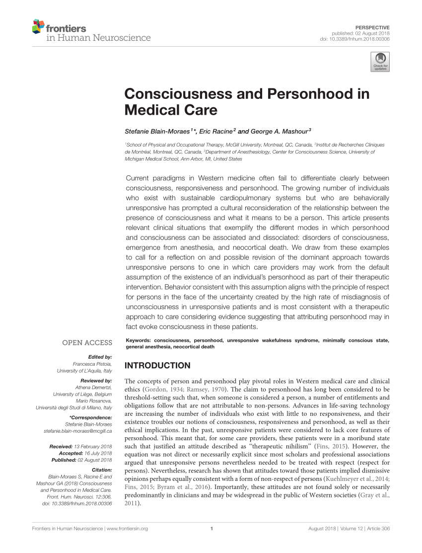 (PDF) Consciousness and Personhood in Medical Care