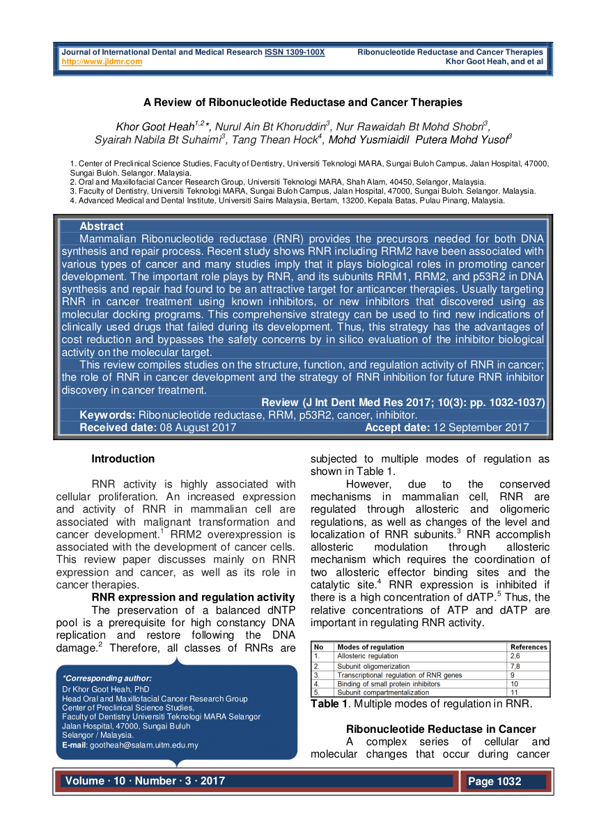 Pdf A Review Of Ribonucleotide Reductase And Cancer Therapies