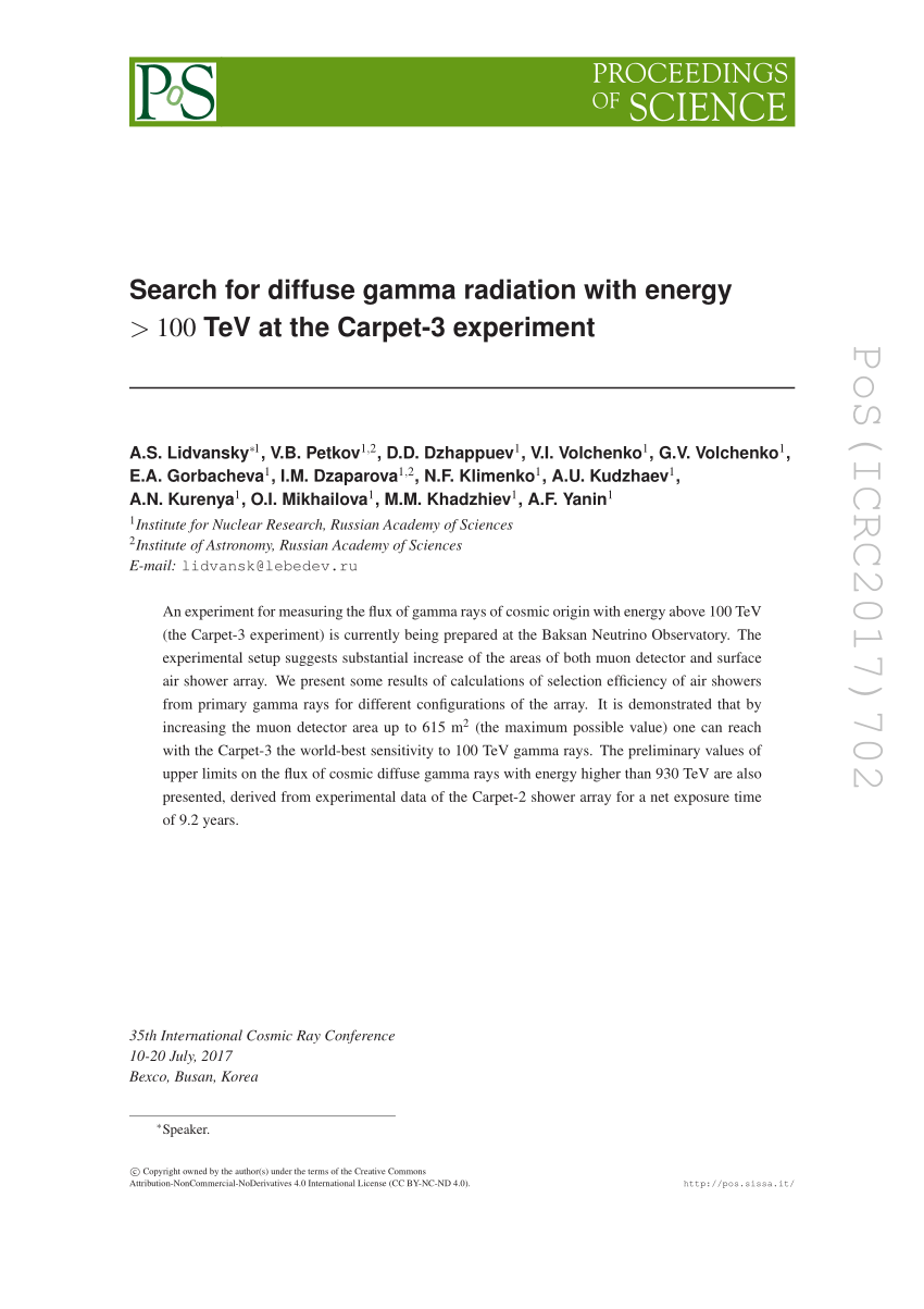 Pdf Search For Diffuse Gamma Radiation With Energy 100 Tev At The Carpet 3 Experiment