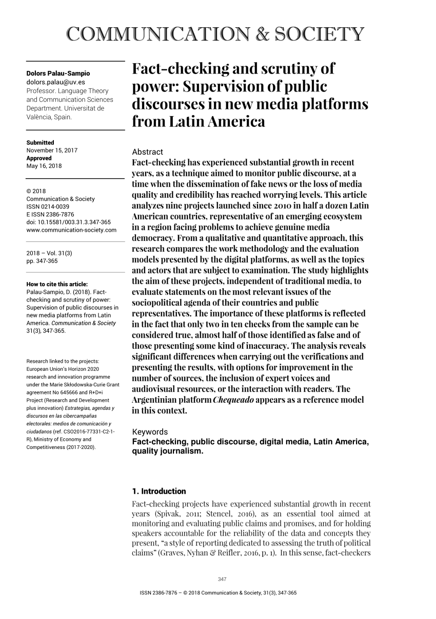 Pdf Fact Checking And Scrutiny Of Power Supervision Of Public Discourses In New Media Platforms From Latin America