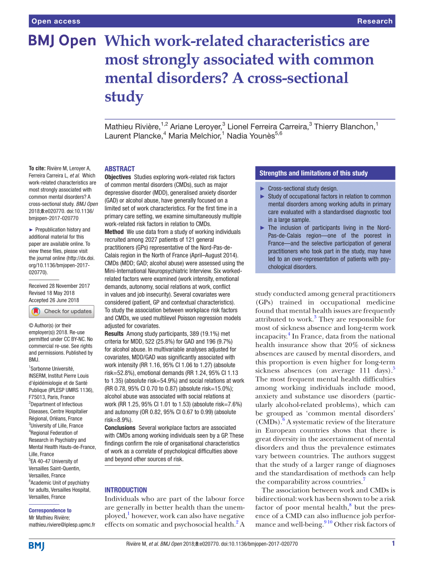 Pdf Which Work Related Characteristics Are Most Strongly Associated With Common Mental Disorders A Cross Sectional Study