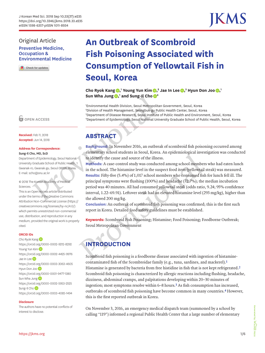 PDF) An Outbreak of Scombroid Fish Poisoning Associated with Consumption of  Yellowtail Fish in Seoul, Korea