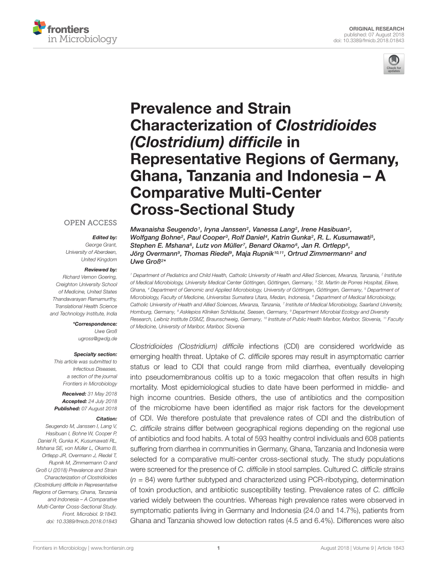 Pdf Prevalence And Strain Characterization Of Clostridioides Clostridium Difficile In Representative Regions Of Germany Ghana Tanzania And Indonesia A Comparative Multi Center Cross Sectional Study